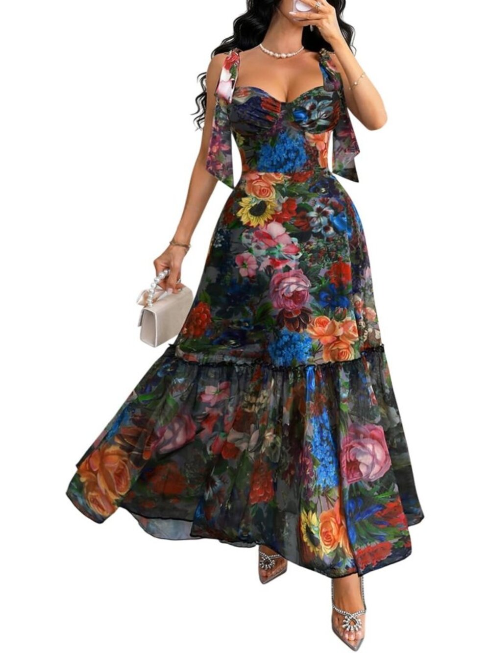 Floral Maxi Dress for Women | Goth Dark Ruffle Casual Wedding Guest Outfit